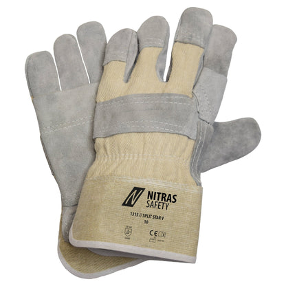 NITRAS SPLIT STAR V, Rindspaltlederhandschuhe, naturfarben / grau, EN 388 Baumwolle, Größe 10 | Packung (12 Paare)