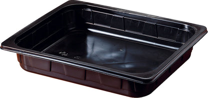 Die Duni GmbH PP Schale 1/2 GN Schwarz PP 325x265 ist ein schwarzes, rechteckiges Speisetablett mit flachen Seiten und einer glatten Innenseite, ideal für die Gastronomie oder das Catering, abgebildet auf weißem Hintergrund.