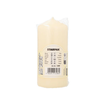 Eine cremefarbene Starpak Stumpenkerze (Ø 60 mm, 130 mm) mit extra langer Brenndauer ist in Plastik eingewickelt und zeigt auf dem Etikett den Markennamen, Produktdetails und Barcode auf einem schlichten weißen Hintergrund.