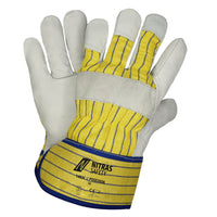 NITRAS POSEIDON, full-grain leather gloves, yellow / blue striped / gray, EN 388 cotton, size 10 | Pack (12 pairs)