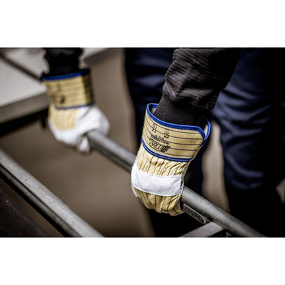 NITRAS POSEIDON, full-grain cowhide gloves, yellow / blue stripes / gray, EN 388 cotton | Pack (12 pairs)