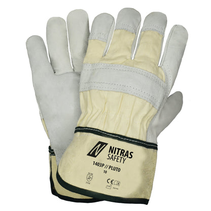 NITRAS PLUTO, Rindvolllederhandschuhe, naturfarben / grau, EN 388 Baumwolle, Größe 10 | Packung (12 Paare)