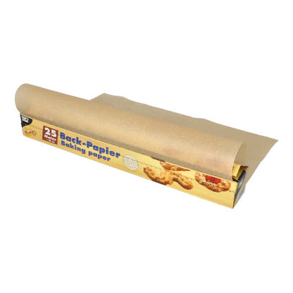 A roll of brown PAPSTAR baking paper 38 cm wide is partially unrolled from a carton of PAPSTAR GmbH with the inscription "Baking Paper Baking Paper". Cookies are depicted on the environmentally friendly packaging.