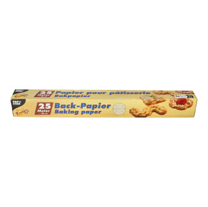 A rectangular box of PAPSTAR baking paper 38 cm wide, brown, from PAPSTAR GmbH, in a folding box with environmentally friendly design, cookie images, and multilingual packaging.