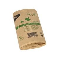 Una confezione da 10 arrotolati PAPSTAR Sacchi per rifiuti in carta kraft (10 l, 35x21x15 cm, marroni) della PAPSTAR La GmbH è provvista di una fascetta con scritte in verde e simboli a forma di foglia ed è contrassegnata come ecocompatibile: ideale per i rifiuti organici.