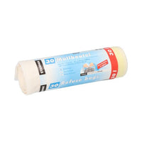 A roll of 30 Starpak trash bags with drawstrings (62 x 53 cm, LDPE, white) featuring a blue-and-white band with the following information in German and English: “Müllbeutel,” “Refuse bags,” “30,” and a convenient drawstring closure.