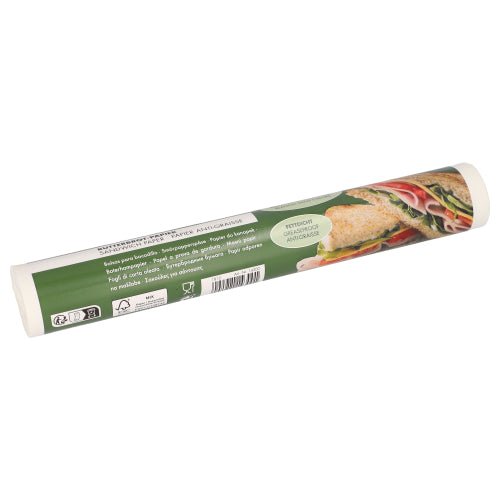 PAPSTAR Butterbrotpapier 25x30 cm, weiß, 100 Blätter mit grüner Banderole zeigt Anwendungshinweise und ein Sandwichfoto - perfekt zum Verpacken von Snacks oder Sandwiches.