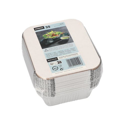 Un pacco di 25 vaschette Starpak Alu+coperchio interno (rivestito in PP) viene fornito con un'etichetta di carta con informazioni sul prodotto, simboli di riciclaggio e immagini di alimenti - perfetto per catering o da asporto. Marca: Starpak.