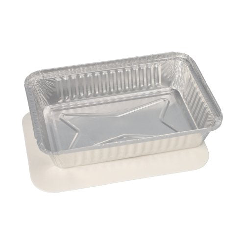 Il set Starpak 25 vaschette è composto da vaschette rettangolari in alluminio con motivo a fondo rialzato e coperchi piatti rivestiti in PP bianco, ideale per catering e da asporto.