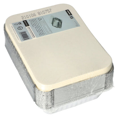 Un pacco di vaschette Starpak 25, Alu + coperchio interno, rivestito in PP di Starpak è avvolto in plastica e porta in alto un'etichetta di cartone beige con dettagli del prodotto e l'immagine di una vaschetta in alluminio.