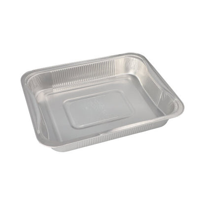Der Starpak 3 Gastronorm-Behälter ist eine rechteckige Einwegschale aus Aluminium (3,4 l, 5 x 26,2 x 32,2 cm), ideal zur Aufbewahrung von Lebensmitteln oder als GN-Behälter. Abbildung leer vor weißem Hintergrund. 3er-Pack in Schrumpffolie.