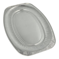 Les plateaux de service Starpak 3, en aluminium – des barquettes ovales jetables en aluminium à bord surélevé de la marque Starpak – sont idéales pour une présentation élégante et sont présentées ici sur fond blanc.