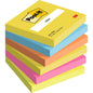 Ein Sechserpack Post-it® Notes 76x76 mm (Energetic Collection) von 3M Deutschland GmbH, mit 100 Blatt pro Block in verschiedenen Farben sortiert. Hergestellt aus 100% PEFC-zertifiziertem Papier (SGSCH-PEFC-COC-110078) für Nachhaltigkeit.