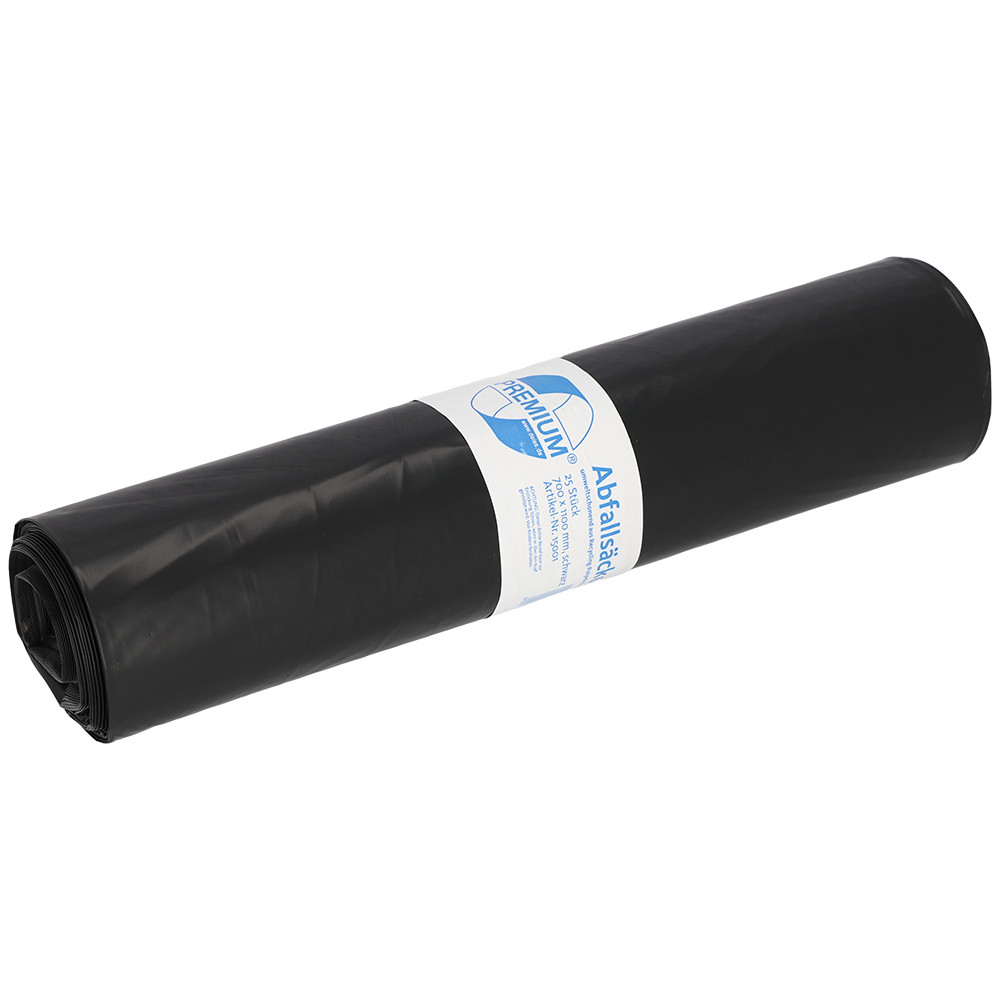 Die DEISS 15001 Müllsäcke (700x1100 mm, Typ 60, schwarz, Rolle à 25 Stück) der EMIL DEISS KG (GmbH + Co.) sind ideale Müllsäcke für die Abfallentsorgung - hier mit weiß-blauem Etikett auf weißem Grund.