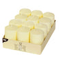 A box of 12 PAPSTAR pillar candles, Ø 40 mm, 60 mm high, ivory color, flat-top design by PAPSTAR GmbH. The cream-colored pillar candles are arranged in a cardboard tray; the box contains a label with the candle details.