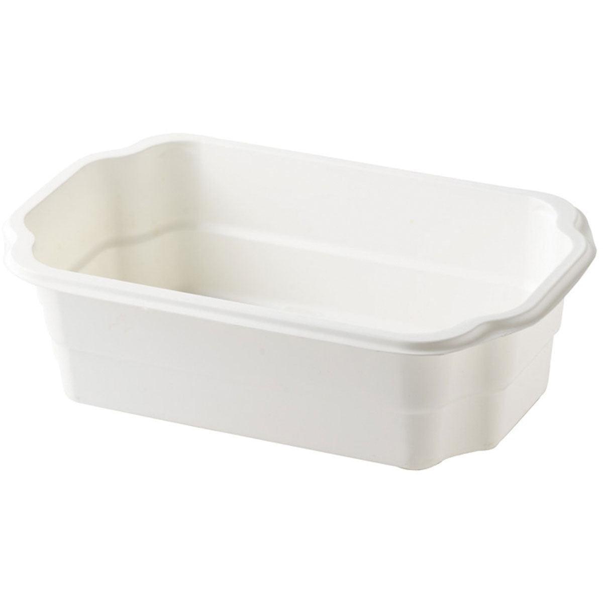 Die Duni GmbH PP-Schale Take-Away Weiß PP 250x159 ist ein rechteckiger, weißer Behälter mit leicht abgerundeten Kanten und flachem Boden, der abgewinkelt gezeigt wird, um das Innere und zwei Seiten zu zeigen - perfekt für den Einsatz als Take-Away-Verpackung.