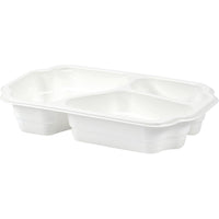 Il contenitore in PP Take-Away 250x159x48 mm di Duni GmbH, di colore bianco, è dotato di tre scomparti, ideali per snack e piatti da asporto; viene fornito in confezioni da 246 pezzi ed è raffigurato in posizione inclinata su uno sfondo semplice.