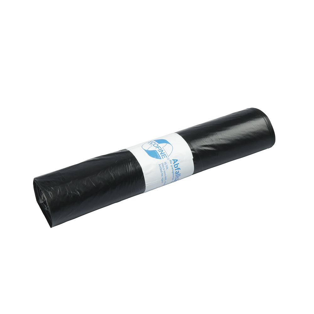 Un rotolo di sacchi per rifiuti DEISS ECOFINE® 13900 in LDPE/LLDPE riciclato, 120 litri, di EMIL DEISS KG (GmbH + Co.), con etichetta bianca, per lo smaltimento ecologico è visibile su sfondo bianco.