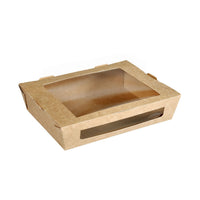La boîte-repas avec fenêtre en PLA de 1 200 ml de la société Duni GmbH, en carton brun (200 x 155 x 45 mm), photographiée vide et partiellement ouverte sur fond blanc : un emballage durable, idéal pour une conservation respectueuse de l'environnement.