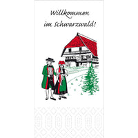 Illustration of a couple in Black Forest traditional dress in front of a house with a red roof and the words "Welcome to the Black Forest"—perfect for Duni GmbH celluloid napkins, 33x33 cm, 3-ply, Black Forest (pack of 250 napkins).