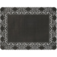 Duni GmbH's 30x40 cm decorative lace paper in black is a high-quality, rectangular decorative paper with pointed edges and a scalloped edge—ideal for elegant table settings. The package contains 250 sheets.
