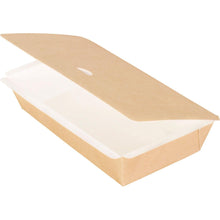 A Duni GmbH Pappbox, rechteckig, M (200x120x45 mm) aus braunem Karton/PE, mit angesetztem und teilweise geöffnetem Deckel. Die leere Box steht vor weißem Hintergrund. Packung: 250 Stück.