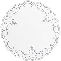 La napkin Dunicel de 19 cm avec impression argentée de Duni GmbH est une élégante décoration de table ronde ornée d'un motif floral sur le pourtour, idéale comme dessous-de-plat raffiné pour votre table. Le paquet contient 250 pièces.