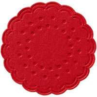 A flat, round, red cup coaster (Ø 7.5 cm) from Duni GmbH with wavy edges and a symmetrical pattern, shown here on a white background. Available in sets of 8 or packs of 250 for beverages.