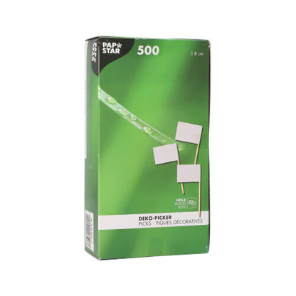 A green box with the inscription "PAPSTAR 500 Deco-Picker 8 cm white" from PAPSTAR GmbH shows on the front three white, flag-shaped picks with text in various languages, ideal for elegant presentations.