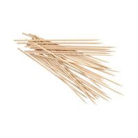 A stack PAPSTAR "Pure" wooden shish kebab skewers, Ø 3.5 mm, 20 cm long (1,000 pieces), from PAPSTAR GmbH, with pointed wooden ends on a white background.