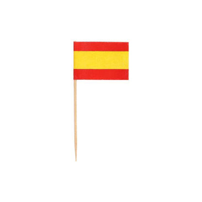 Enhance your presentation stylishly with the 500 Deco-Pickers 8 cm white from PAPSTAR GmbH – small rectangular flags on wooden toothpicks with three horizontal stripes (red-yellow-red) – on a simple white background.
