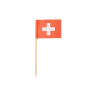 The Deco Picker PAPSTAR 100 of the PAPSTAR GmbH features small Swiss flags with a white cross on a red background, mounted on wooden sticks—perfect for stylish presentations or as an accent for buffets.