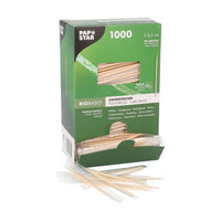 A green PAPSTAR-A box labeled "Round toothpicks, 6.5 cm, wood, menthol flavor" (1,000 pieces) displays wooden toothpicks through a window. In front of it are several individually wrapped toothpicks designed to promote better oral hygiene.