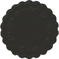 Ein runder Glasuntersetzer (Ø 9 cm) in schwarz mit elegantem Wellenschliff und dezentem Bordürenmuster von Duni GmbH, abgebildet auf weißem Hintergrund. Packung mit 8 Stück, auch in 250er-Packungen erhältlich.