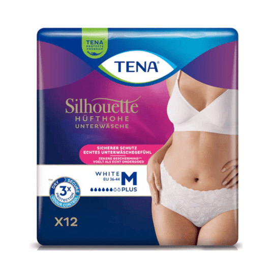Una confezione di mutandine per l'incontinenza TENA Silhouette Plus White, prodotte da TENA – Essity Germany GmbH, taglia M, riporta sulla confezione l'immagine di una donna che indossa il prodotto. La confezione sottolinea la protezione in caso di incontinenza urinaria e il comfort durante l'uso e contiene 12 pezzi.