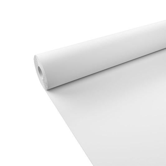 Eine Rolle der Duni GmbH Papier-Tischdecke Rolle 100x1,0 m - Weiße Einweg-Tischdecke wird auf weißem Hintergrund teilweise abgerollt und zeigt so ihre glatte, zylindrische Form - ideal für eine stilvolle Tischdekoration.