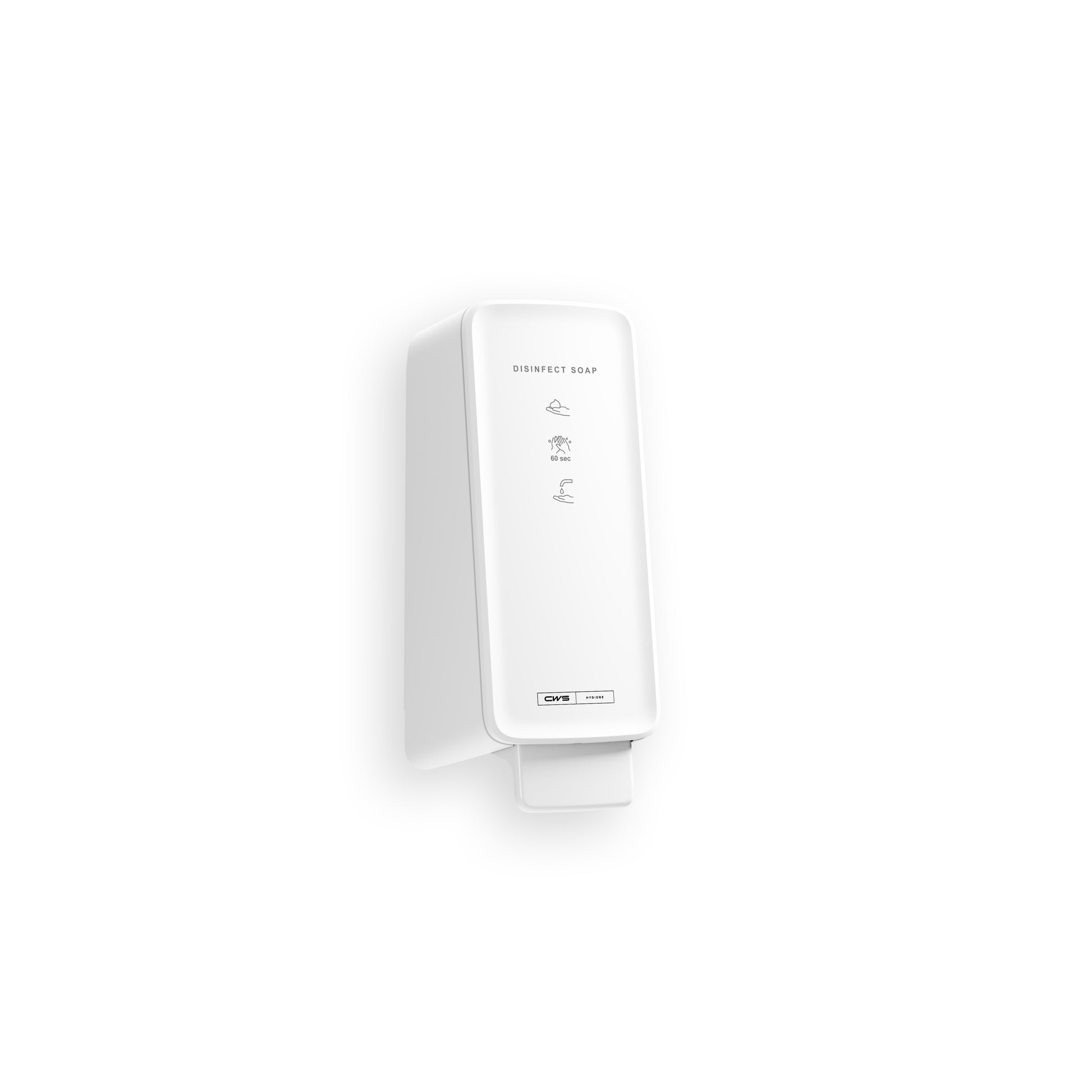 Ein weißer, wandmontierter Spender mit der Aufschrift "Disinfect Soap" spendet CWS PureLine Disinfect Foam (1 Stück) für eine effektive Desinfektion. Er verfügt über einfache Anwendungssymbole und einen rechteckigen Druckknopf an der Unterseite auf einem schlichten weißen Hintergrund.