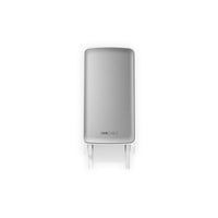 Un dispositivo elettronico rettangolare di colore grigio – il pannello frontale CWS PureLine per il distributore di carta igienica CWS – su sfondo bianco, con una piccola etichetta sul fondo e due staffe rivolte verso il basso, per garantire un ambiente igienico.