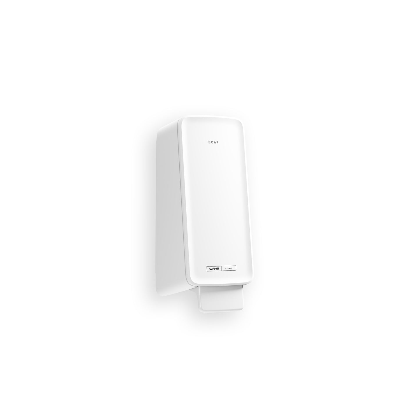Ein weißer, wandmontierter CWS PureLine Cream Seifenspender mit rechteckiger Form, "SOAP"-Etikett oben und einem Druckhebel unten. Perfekt für die Abgabe von CWS PureLine Cream Cremeseife. Einfarbig weißer Hintergrund.