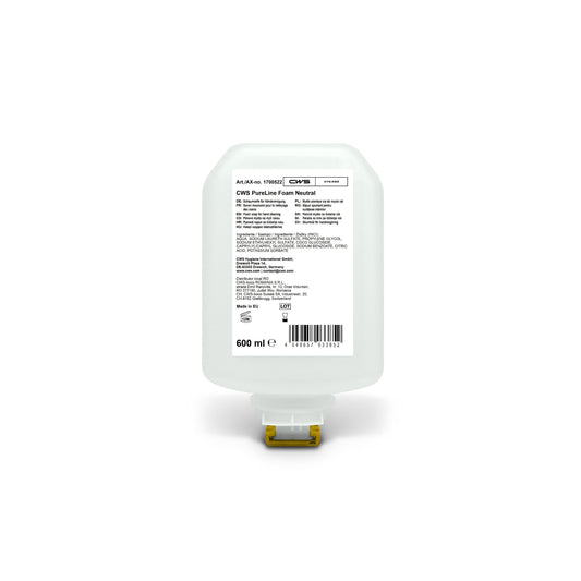 Eine 600-ml-Flasche CWS PureLine Foam Standard Handseife von CWS mit einem Frontetikett mit Angaben, Inhaltsstoffen und Barcode sowie einer gelben Spenderdüse - ideal für jeden Schaumseifenspender zur Gewährleistung einer optimalen Handhygiene.