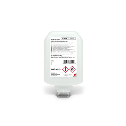 Il CWS PureLine Desinfect Gel 600 ml è un contenitore trasparente con tappo dosatore bianco e un'etichetta con informazioni sul prodotto, codice a barre e simboli di pericolo. Questo gel disinfettante per le mani del marchio CWS è efficace contro germi e batteri.