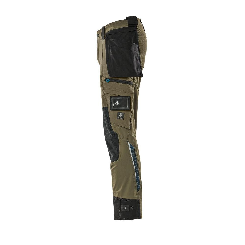Pants with hanging pockets, stretch pants, moss green