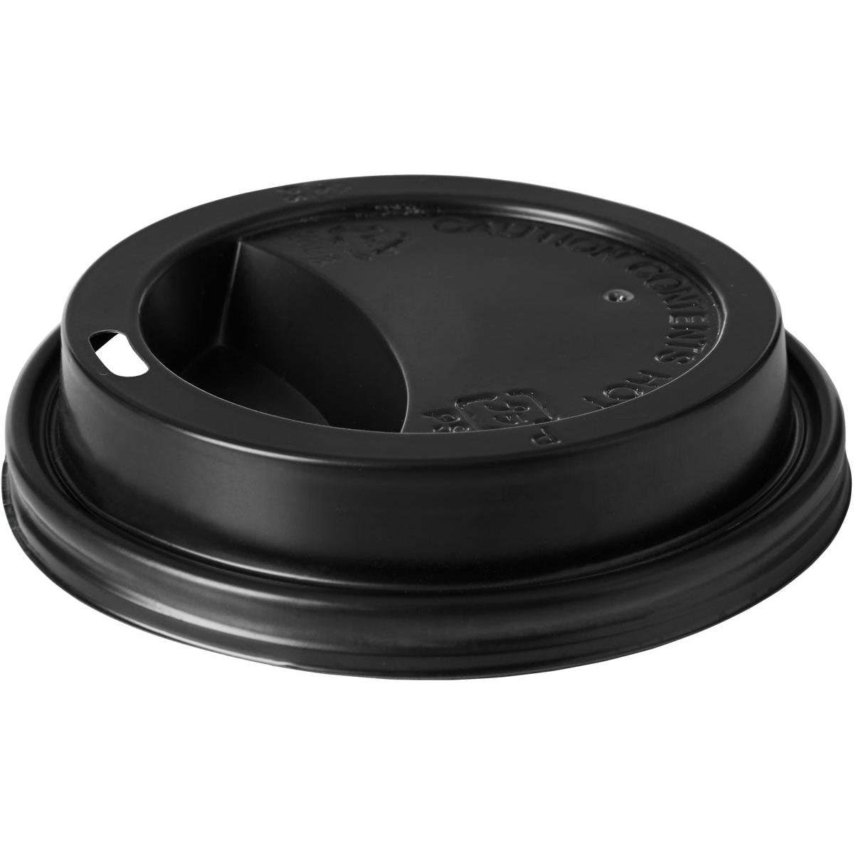 The lid for 170750 Black PS from Duni GmbH with raised edge, drinking opening, and symbols is ideal for hot beverages and ensures a secure closure. The package contains 50 pieces.
