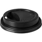The lid for 170750 Black PS from Duni GmbH with raised edge, drinking opening, and symbols is ideal for hot beverages and ensures a secure closure. The package contains 50 pieces.