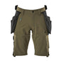 Shorts, removable hanging pockets, stretch craftsman shorts, moss green