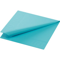 Eine teilentfaltete Zellt.-Servietten 24x24 cm, 3-lagig, mintblau Serviette der Duni GmbH zeigt ihr geprägtes Randmuster vor weißem Hintergrund. Jede Packung enthält 250 Servietten.