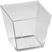 The Duni GmbH Square (bulk pack) Transparent PS 47x47x45 storage box (pack of 25) features slightly angled sides and a flat bottom, making it ideal for a variety of storage purposes. The image shows the empty box against a white background.