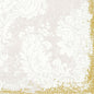 Motivi floreali e fogliari bianchi su beige chiaro, con un bordo glitterato dorato su due bordi. I tovaglioli di carta 33x33 cm, a 3 strati (confezione da 50) della Duni GmbH sono progettati in stile vintage con pizzo e la scritta "Duni" nell'angolo in basso a destra.