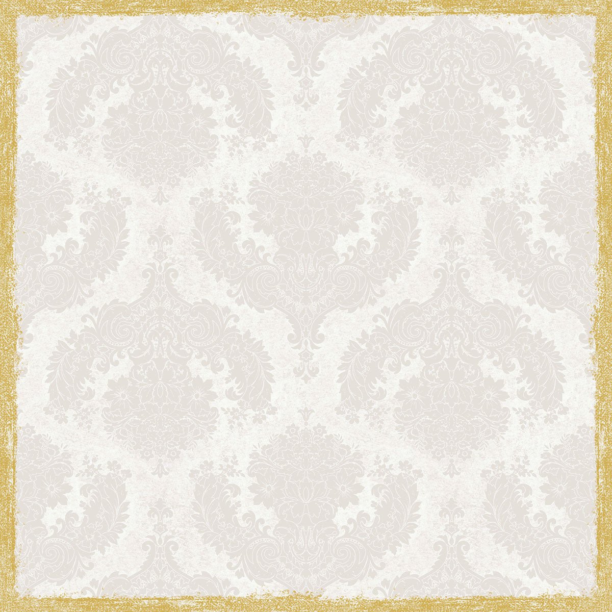 Un fond damassé gris clair avec des formes florales ornées est encadré par un cadre doré texturé qui rappelle la nappe intermédiaire Dunicel 84x84 cm, Royal White | Paquet (20 pièces) de Duni GmbH.