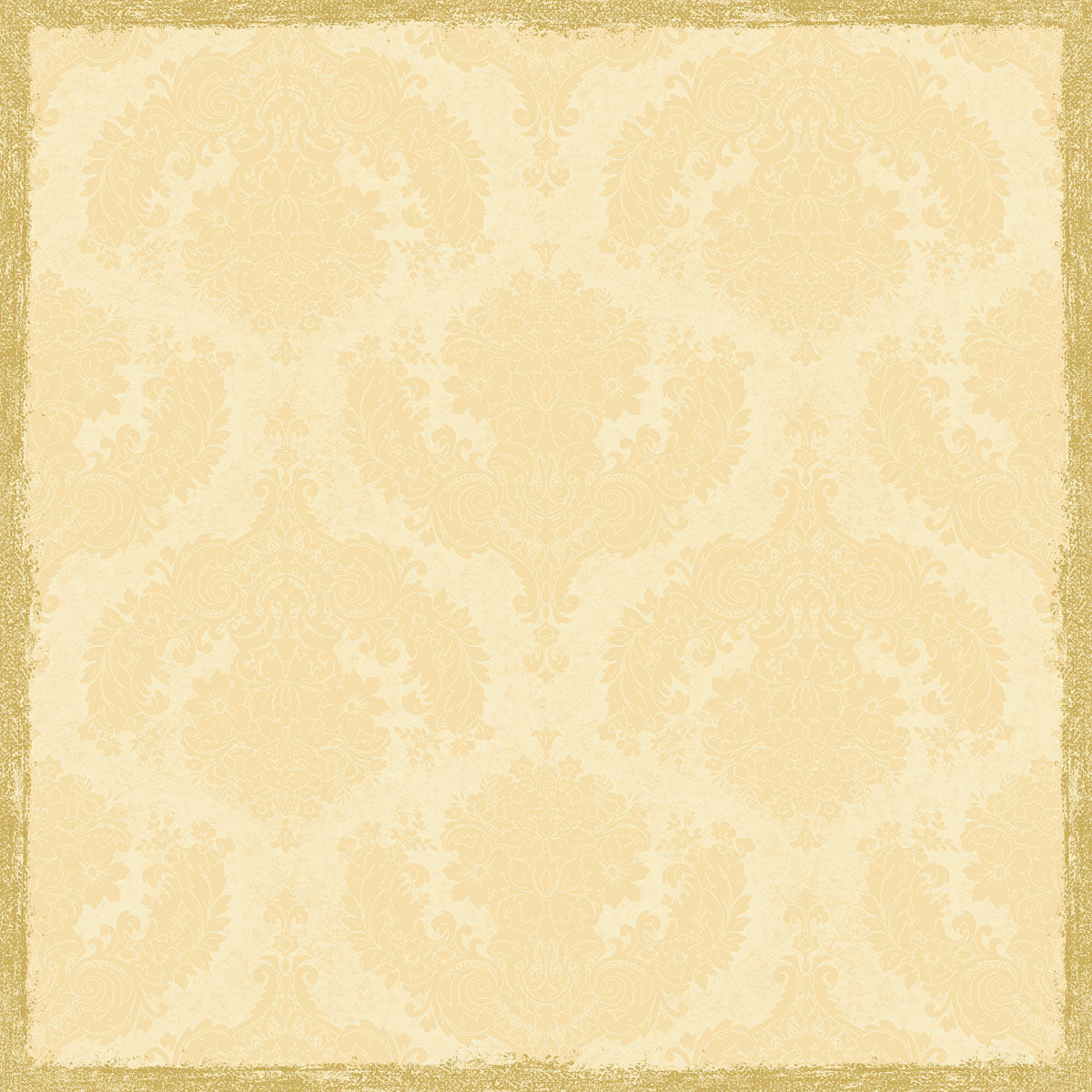 Die Dunicel Mitteldecke 84x84 cm in royal cream von Duni GmbH (Packung 20 Stück) hat ein beigefarbenes Damastdesign mit einem kunstvollen Blumenmuster und einer goldfarbenen Bordüre, ideal für eine elegante Tischdekoration im Vintage-Stil.